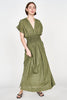 Girl wearing MIRTH women's long v-neck smocked waist granada dress in handloomed jamdani olive green cotton