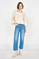 Girl wearing MIRTH women's pullover square neck cropped provence top in cream ecru cotton