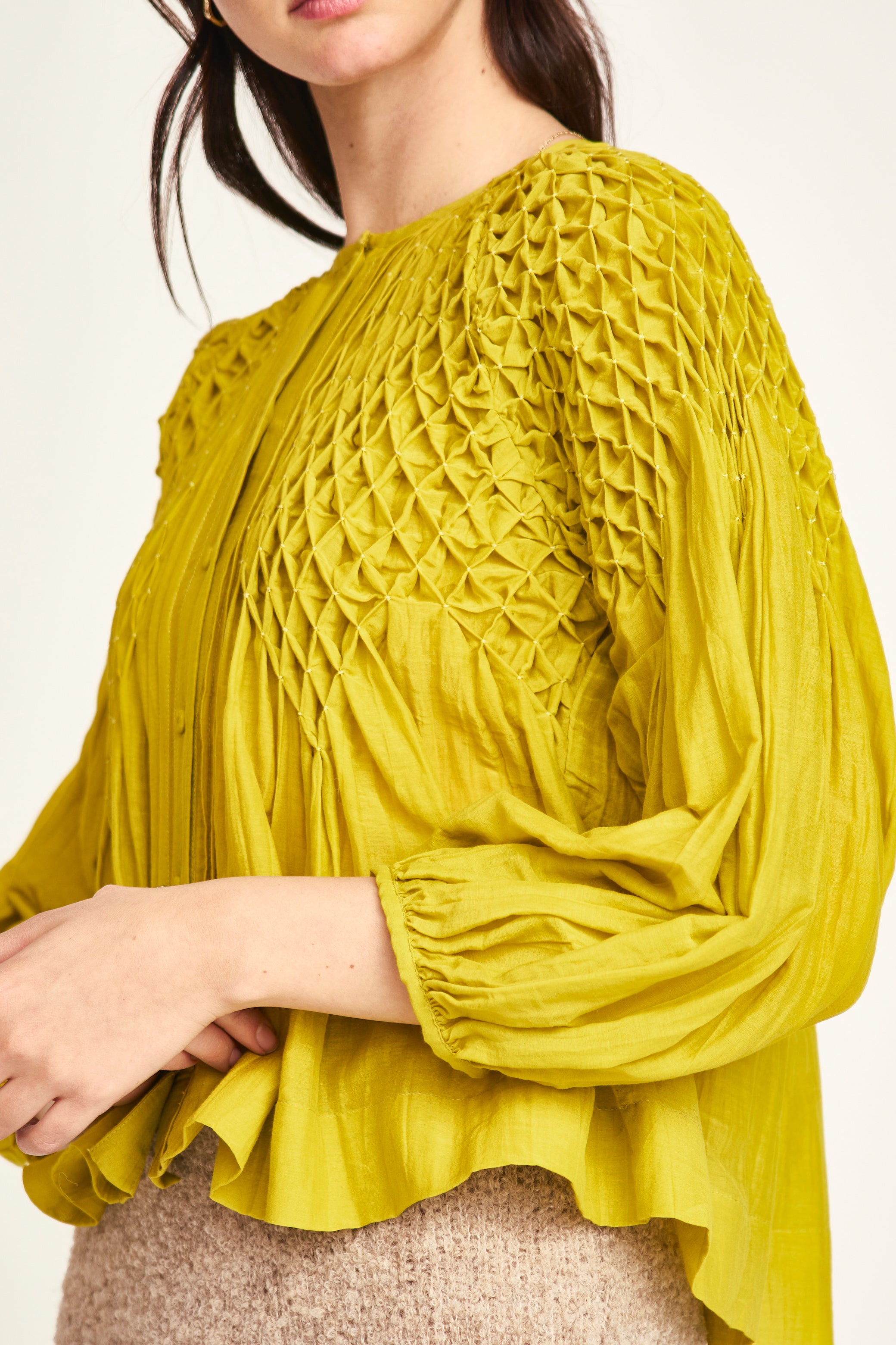 en neume Smocked Check Blouse Ynez Hand Smocked Blouse in