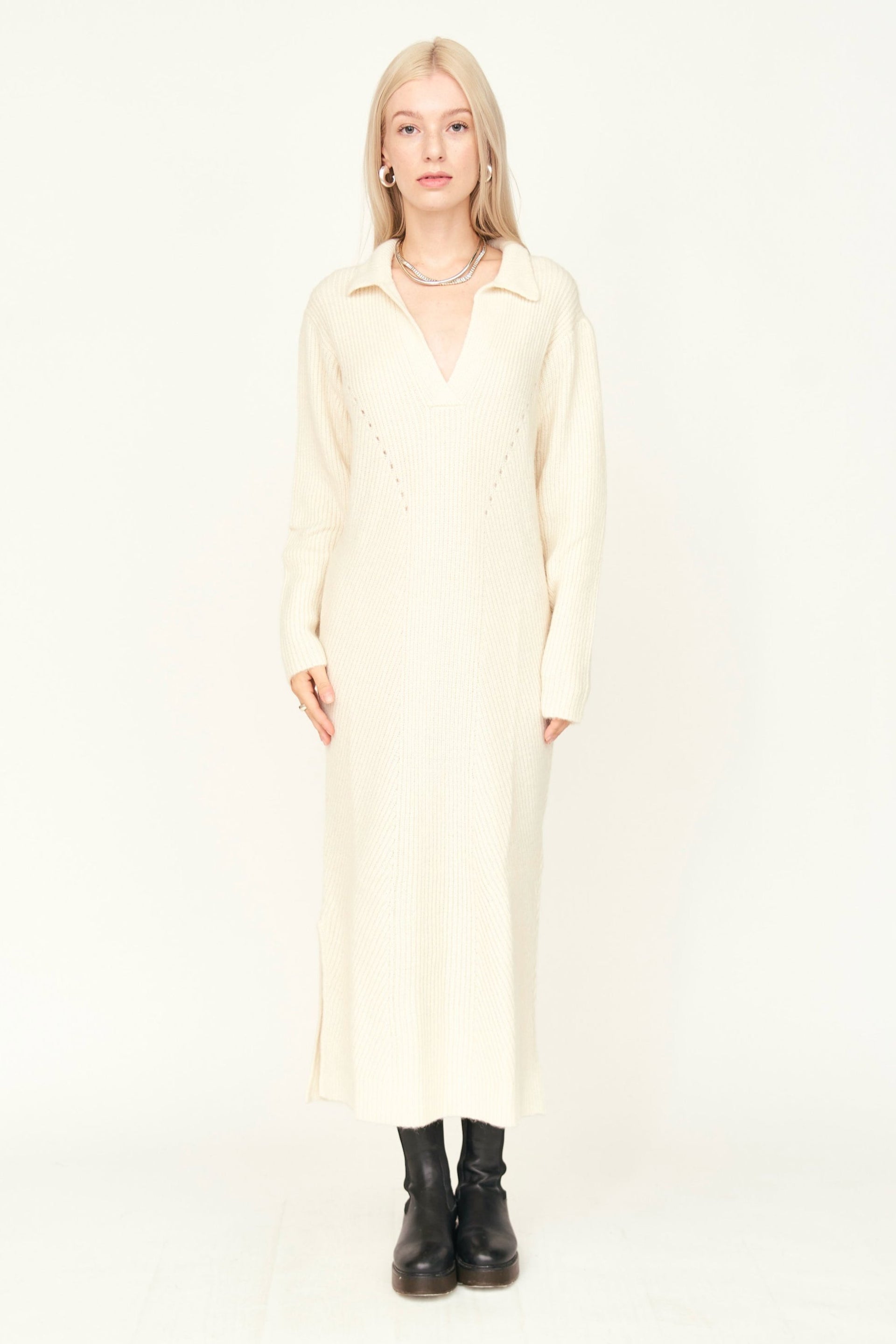 Mirth Jackson Ivory Sweater Dress with Deep V-Neck