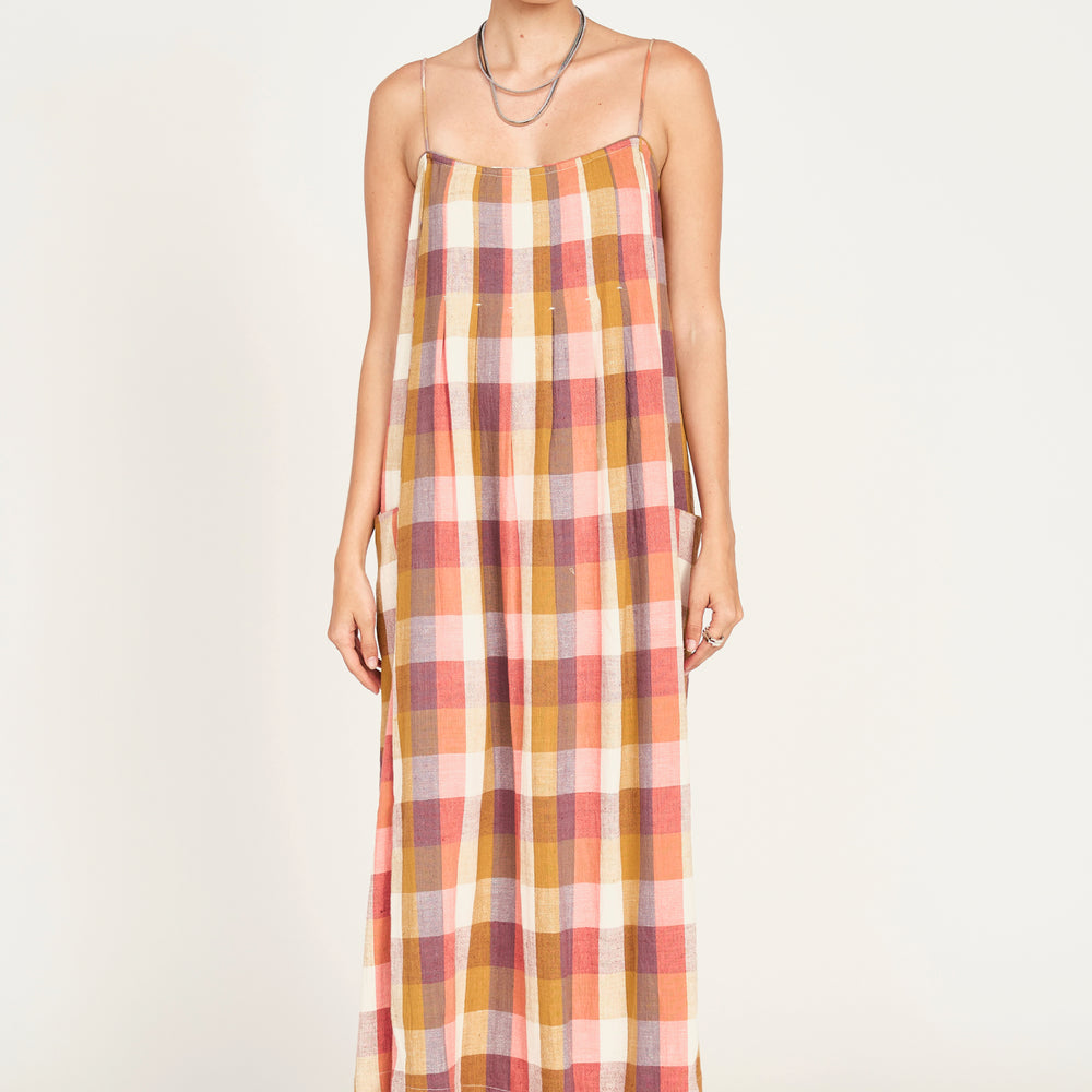 Mirth Zuma Dress in Sunset Plaid, Large – Flowy Ankle-Length Cotton Dress with Pleats & Adjustable Straps
