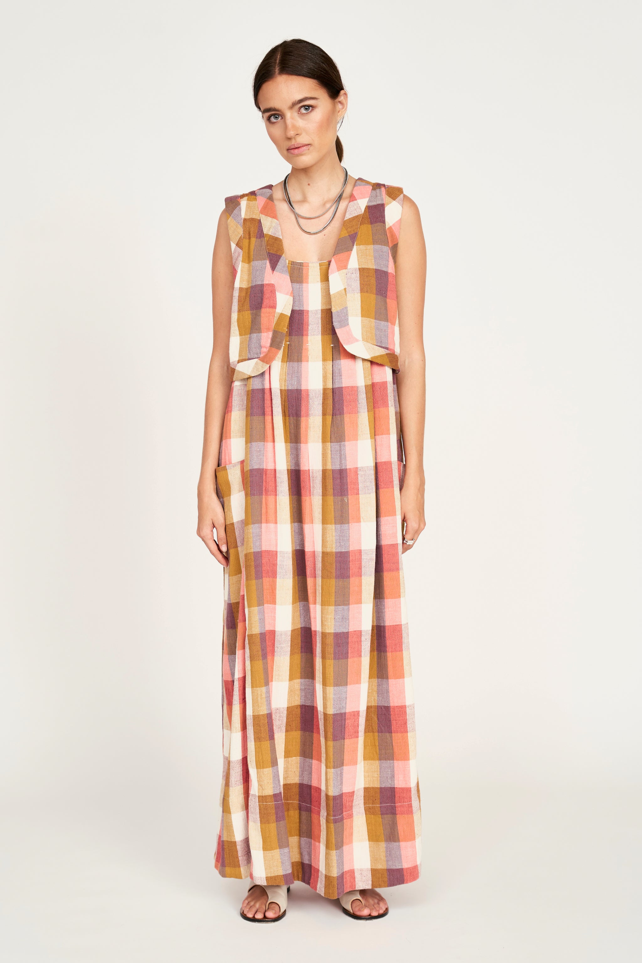 Mirth Zuma Dress in Sunset Plaid, Large – Flowy Ankle-Length Cotton Dress with Pleats & Adjustable Straps