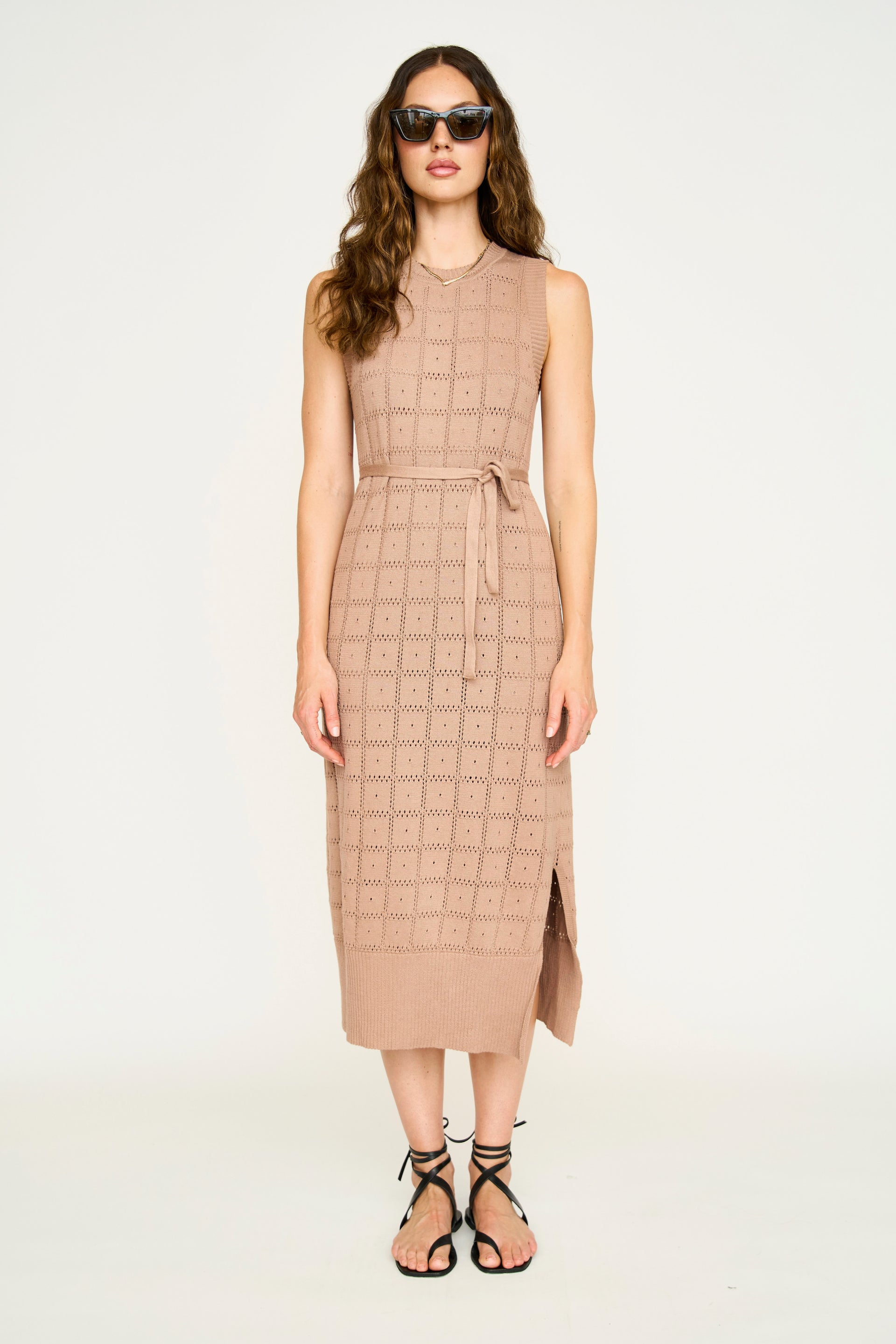 Mirth Lightweight Pima Cotton Kona Pointelle Knit Dress in Mocha, Size Small – Elegance with Belt