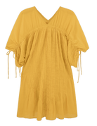 Girl wearing MIRTH women's v neck pleated pull string malta lined coverup short dress in gilded yellow cotton