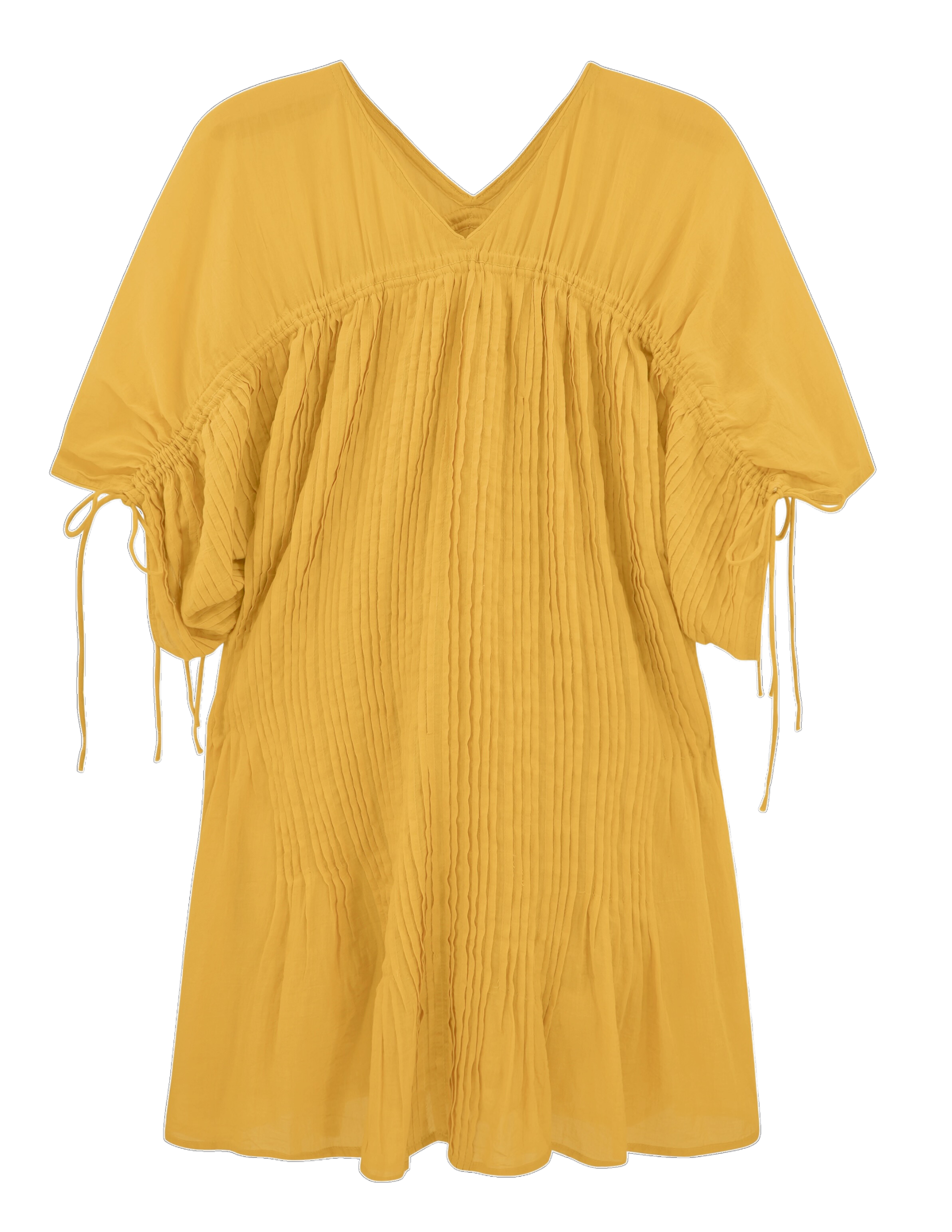 Girl wearing MIRTH women's v neck pleated pull string malta lined coverup short dress in gilded yellow cotton