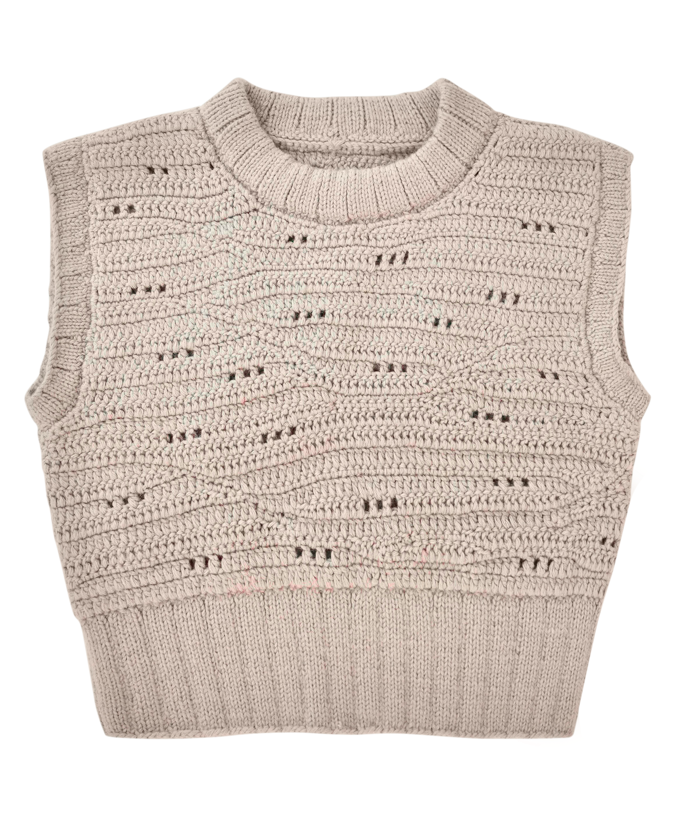 Girl wearing MIRTH women's hand crocheted marin sweater vest in koala grey alpaca wool