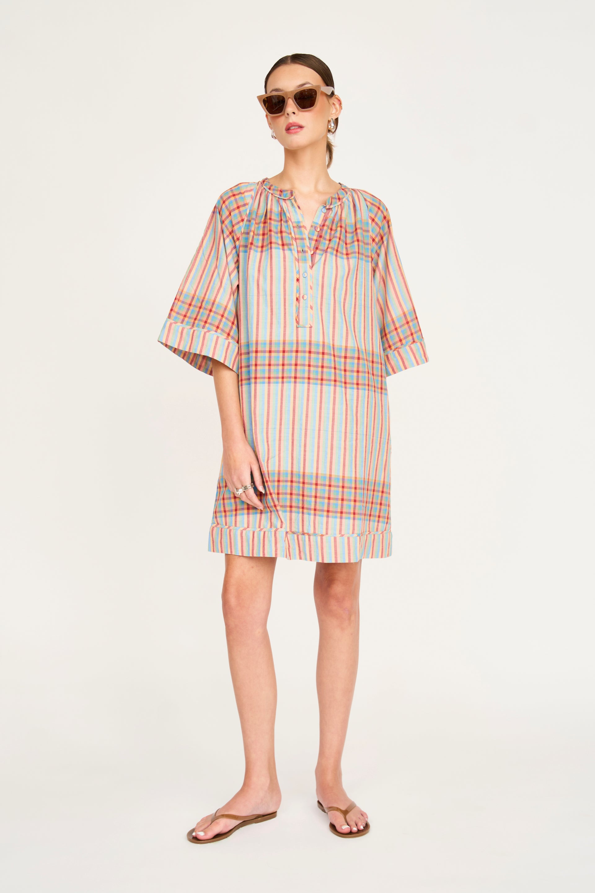 plaid short sleeve dress Decorative Button Plaid Short Sleeve Dress Sky Blue / S