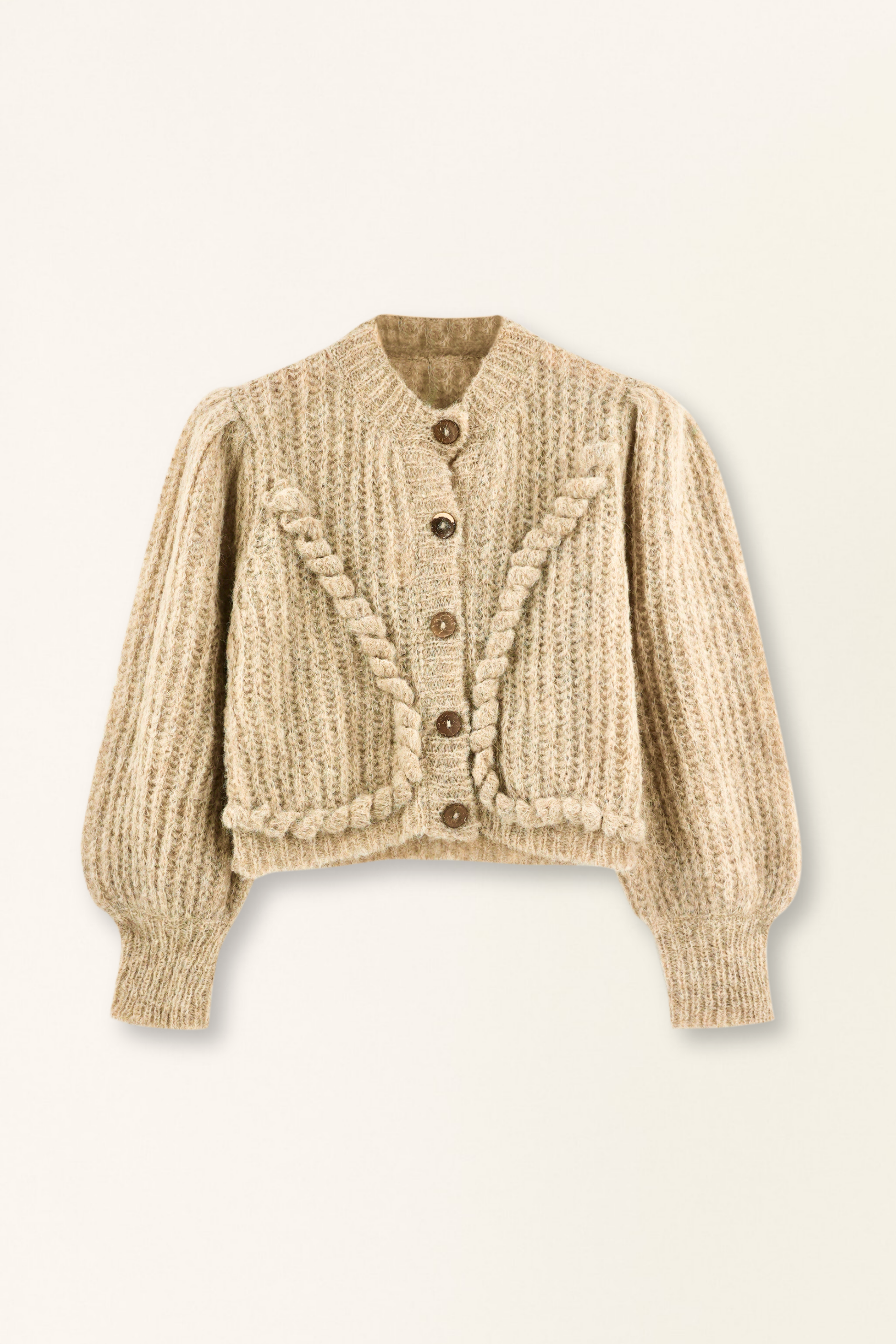 Beige knitted cardigan on a light beige background