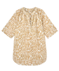 Girl wearing MIRTH women's v neck short sleeve palm springs short dress in driftwood brown print cotton