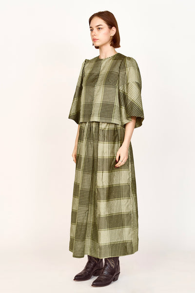 トップス Marble Printed Plaid Sheer Crew Neck Top ProvencesilkplaidgreenblouseMI