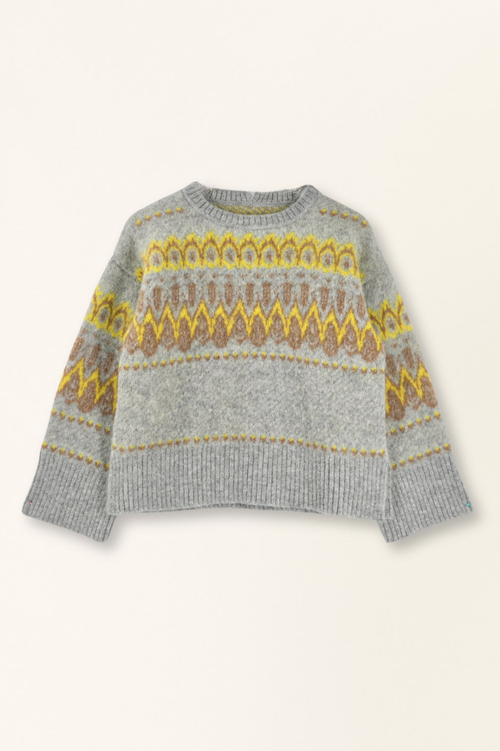 Gray sweater with yellow pattern on a white background