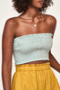 Girl wearing MIRTH women's smocked elastic savannah sleeveless cropped top set in blue frost cotton