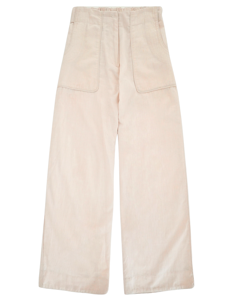Girl wearing MIRTH women's high waist tailored resort tivot pant in parchment cream cotton