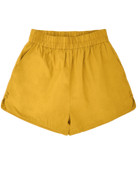 Girl wearing MIRTH women's wide leg elastic track shorts in gilded yellow cotton