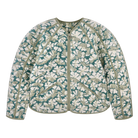 Girl wearing MIRTH women's front zip quilted turin jacket in plumeria blue floral print cotton silk