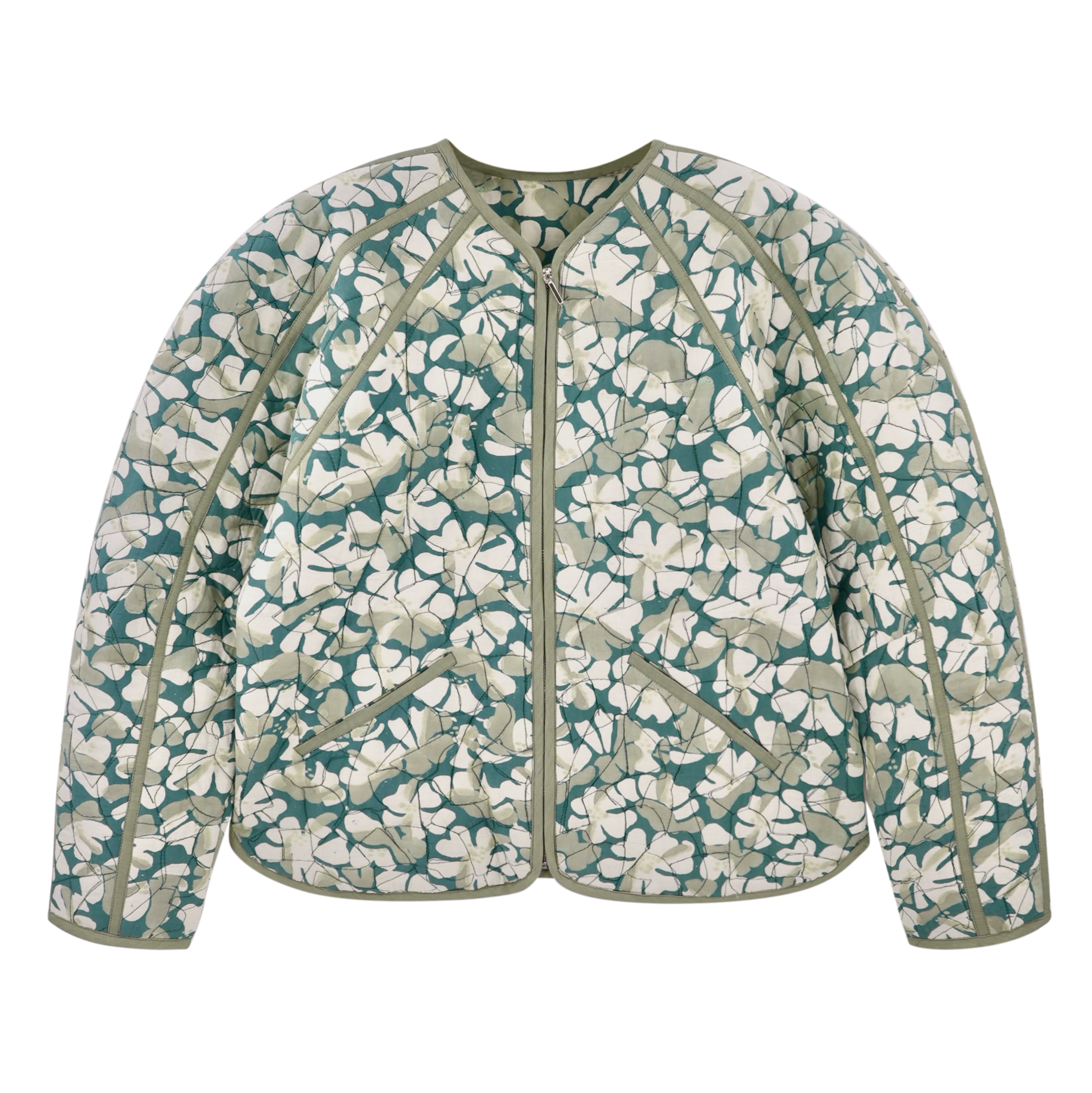 Girl wearing MIRTH women's front zip quilted turin jacket in plumeria blue floral print cotton silk