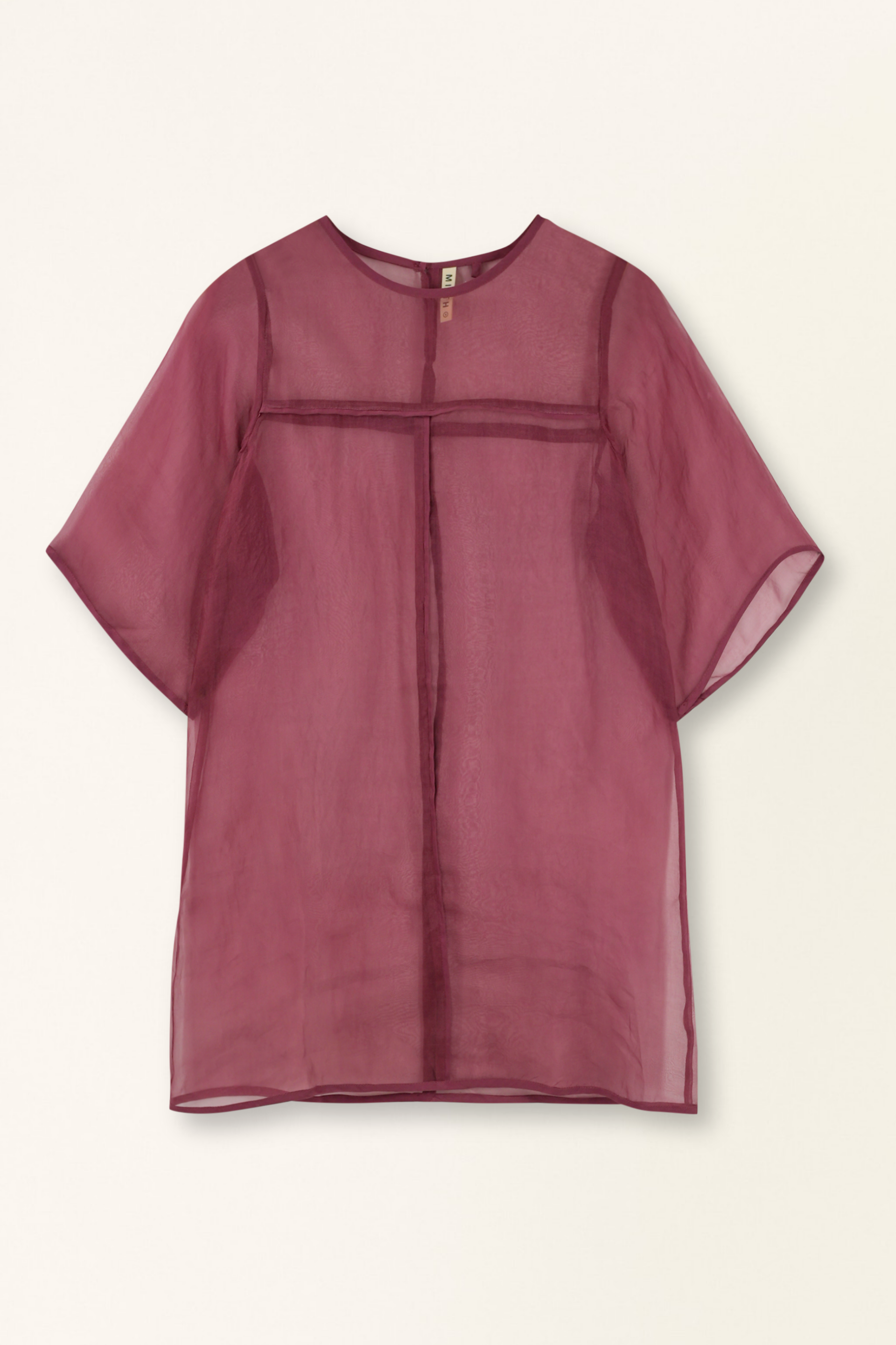 Mauve sheer blouse on a light beige background