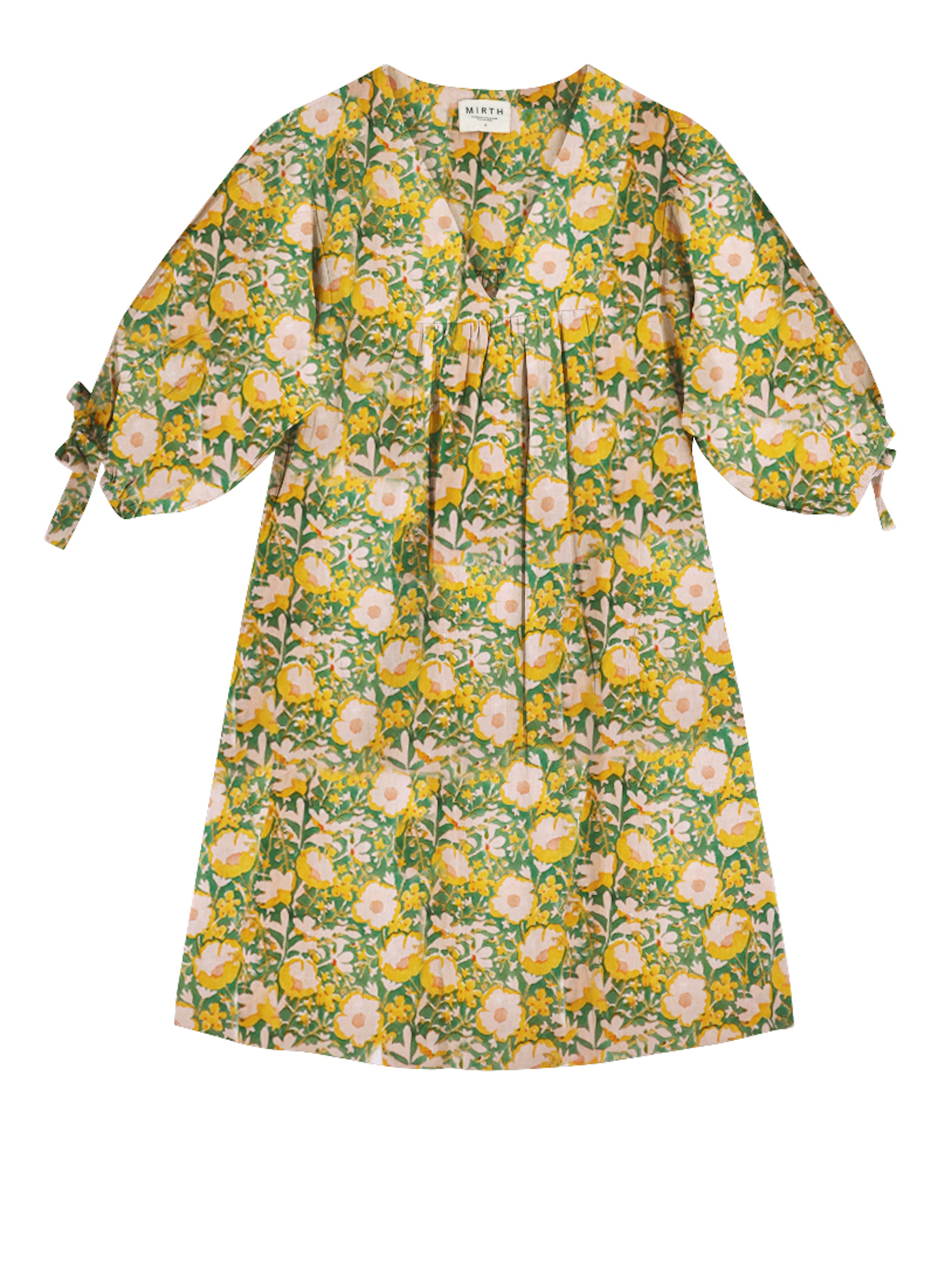 Girl wearing MIRTH women's balloon sleeve short belem vacation dress coverup in camelia bloom green floral print cotton