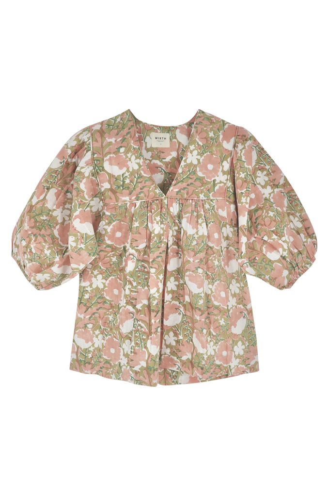 Girl wearing MIRTH women's balloon sleeve belem top in snapdragon bloom pink floral print cotton
