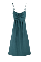 Girl wearing MIRTH women's tie back cutout deia midi sundress in spruce green poplin