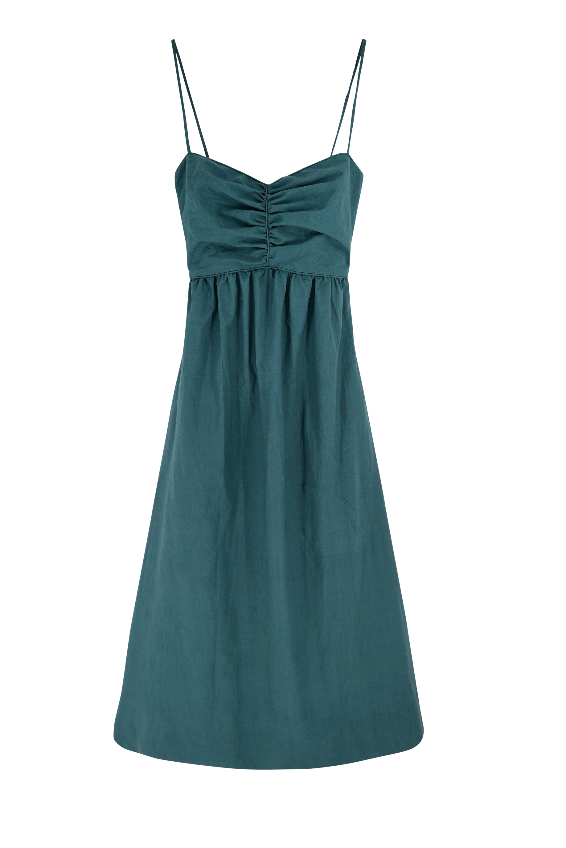 Girl wearing MIRTH women's tie back cutout deia midi sundress in spruce green poplin