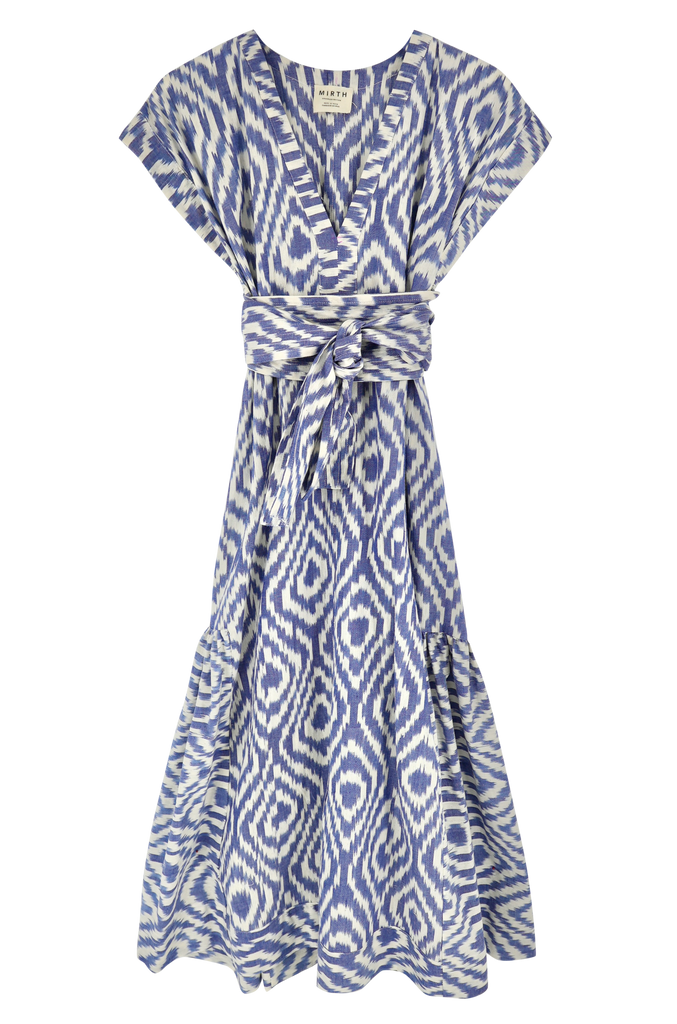 Girl wearing MIRTH women's short sleeved oaxaca long dress in azure ikat blue cotton