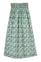 Girl wearing MIRTH women's smocked elastic waist granada skirt set in seaglass green