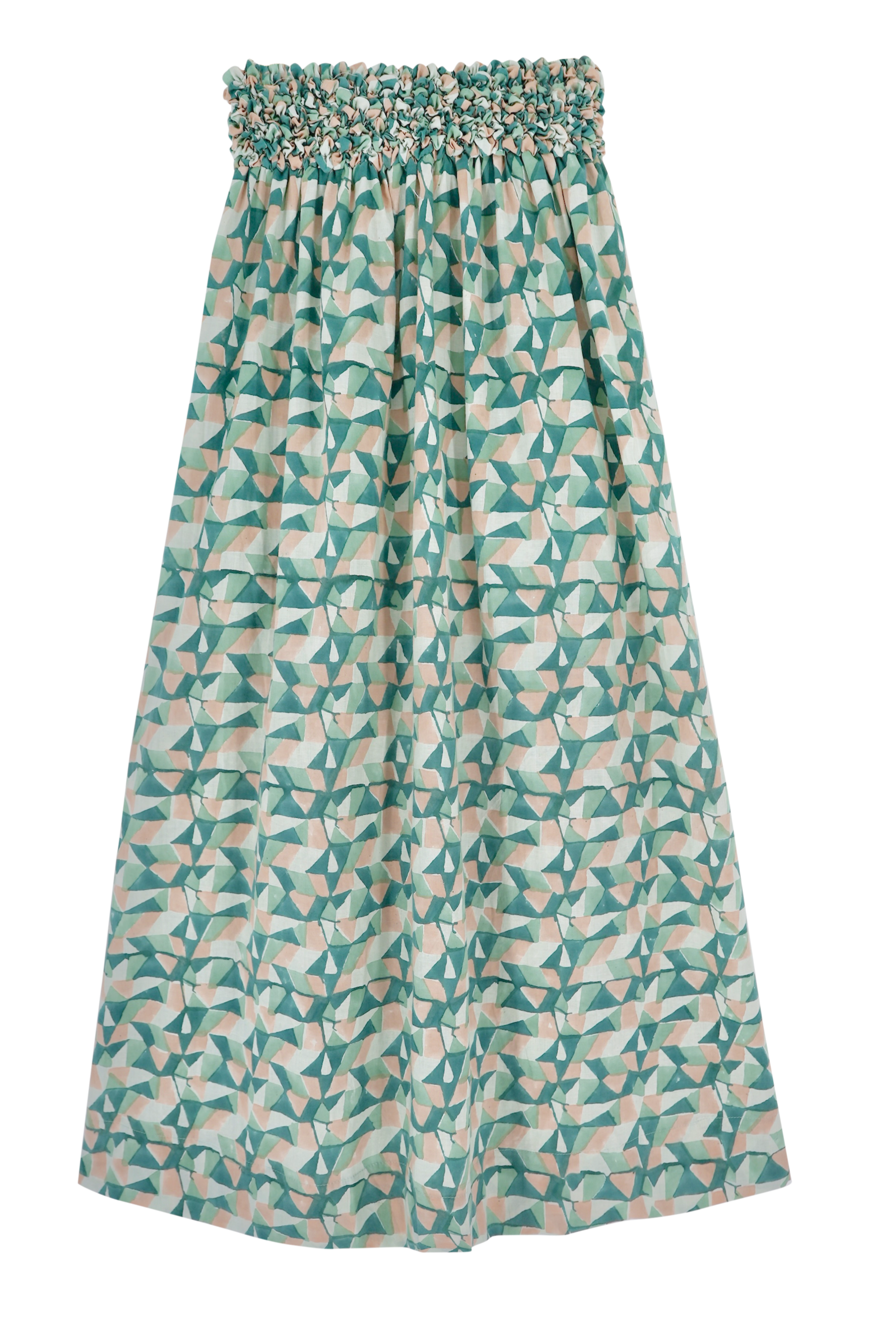 Girl wearing MIRTH women's smocked elastic waist granada skirt set in seaglass green