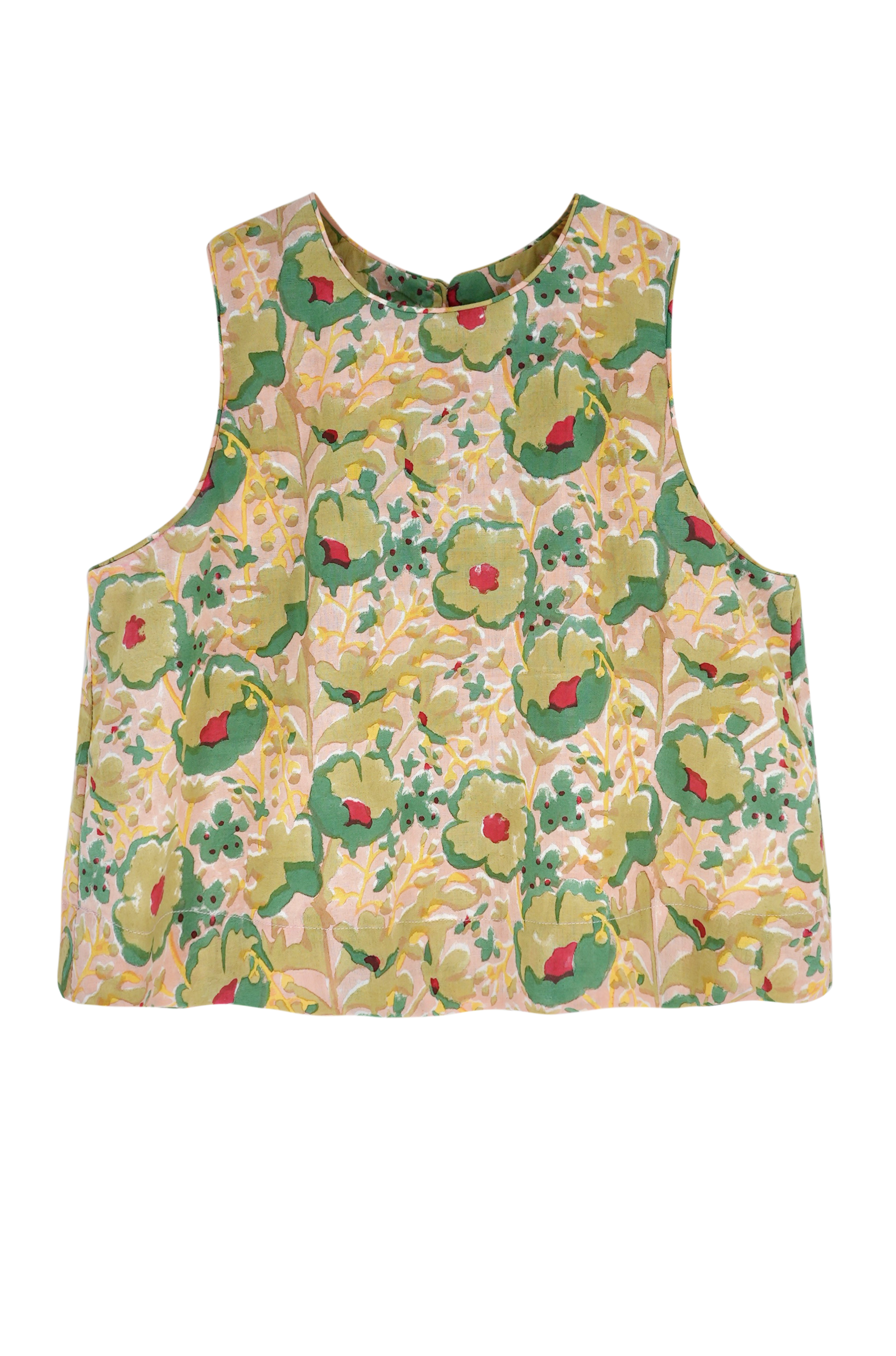 Girl wearing MIRTH women's sleeveless cropped santanyi cotton tank set in rose bloom pink floral print