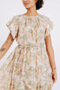 Girl wearing MIRTH women's long tiered short sleeve vienna maxi dress in snapdragon bloom pink floral print cotton