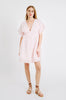 Girl wearing MIRTH women's v-neck short sonoma dress in handloomed light pink rosa cotton jacquard 