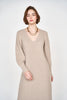 Girl wearing MIRTH women's knit v neck bellagio sweater dress in taupe brown wool