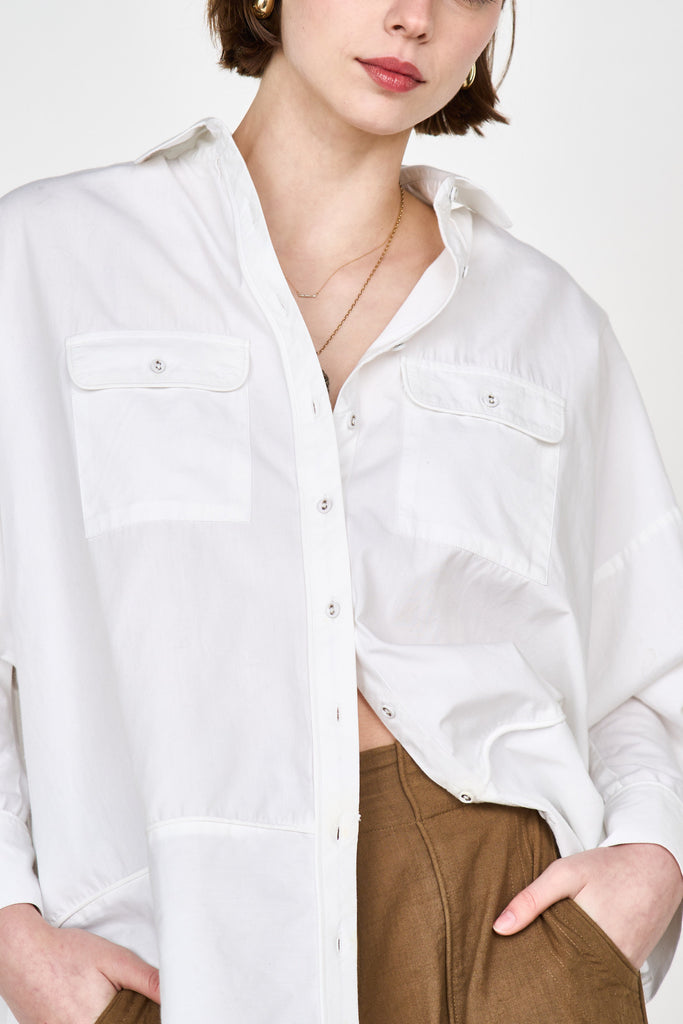 Girl wearing MIRTH women's button up long sleeve kyoto shirt in white cotton poplin
