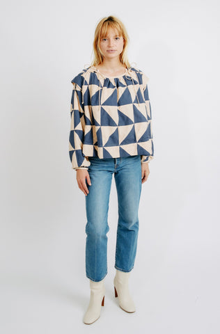 malaga top in navy/peach patchwork