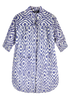Girl wearing MIRTH women's short button marfa shirt camp dress in azure ikat blue cotton