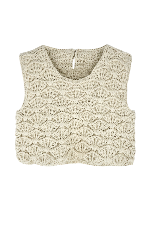 Girl wearing MIRTH women's knit sleeveless tahiti tank top coverup in natural macrame cream