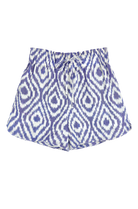 Girl wearing MIRTH women's wide leg elastic waist track shorts in azure ikat blue cotton