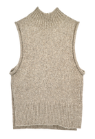 Girl wearing MIRTH women's knit aspen high neck open side vest in camel brown wool