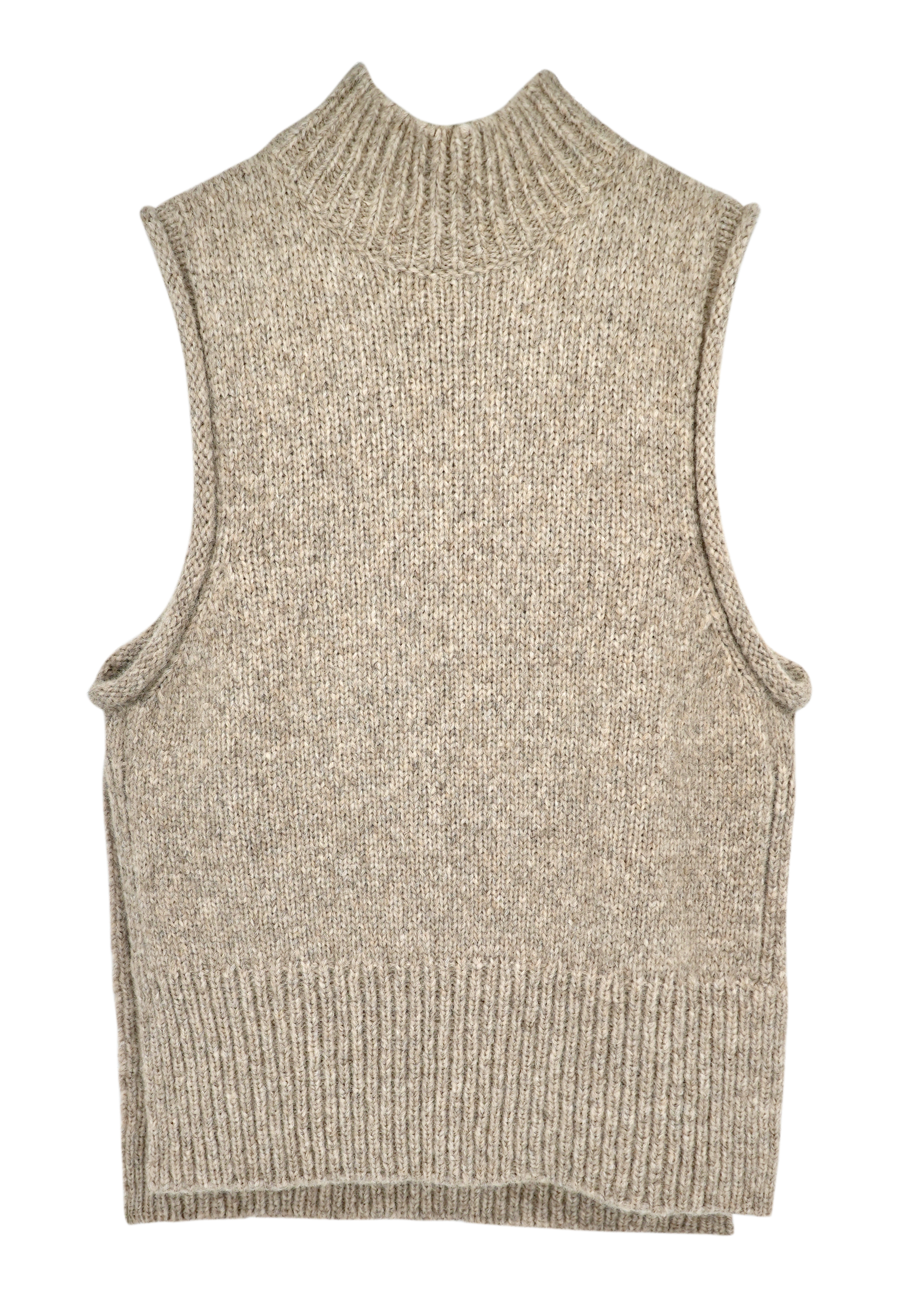 Girl wearing MIRTH women's knit aspen high neck open side vest in camel brown wool