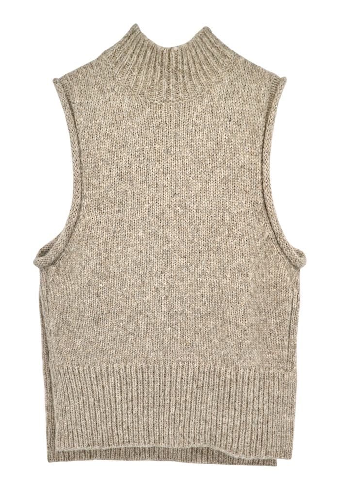 Girl wearing MIRTH women's knit aspen high neck open side vest in camel brown wool