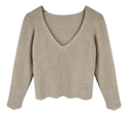 Girl wearing MIRTH women's knit v neck bellagio sweater in taupe brown wool