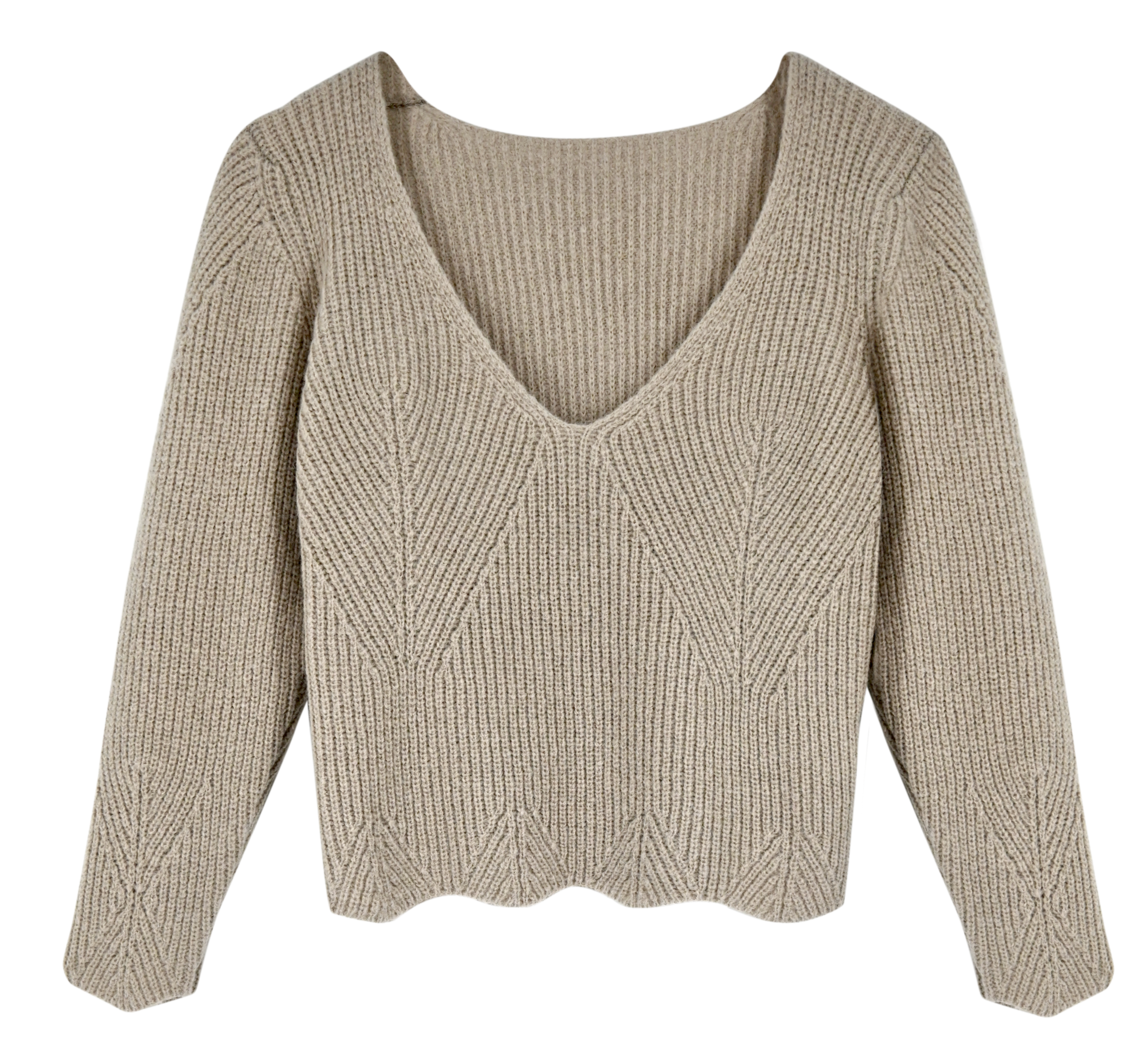 Girl wearing MIRTH women's knit v neck bellagio sweater in taupe brown wool