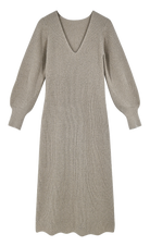 Girl wearing MIRTH women's knit v neck bellagio sweater dress in taupe brown wool