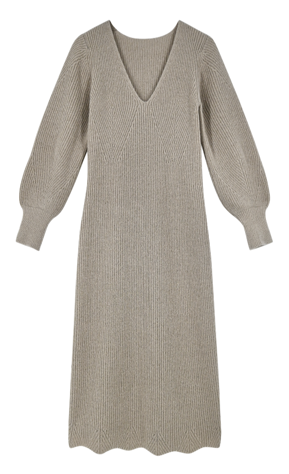 Girl wearing MIRTH women's knit v neck bellagio sweater dress in taupe brown wool