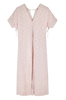Girl wearing MIRTH women's v-neck tie back bordeaux caftan dress in handloomed light pink rosa cotton jacquard 