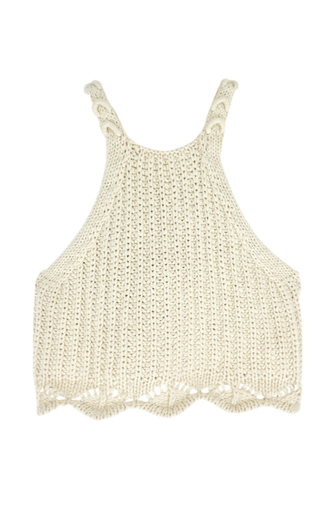 Girl wearing MIRTH women's knit sleevless borocay tank top coverup in bone cream