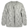 Girl wearing MIRTH women's handknit cortina cable cardigan sweater in dove grey wool