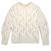 Girl wearing MIRTH women's handknit cortina cable pullover sweater in cream white wool