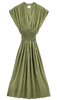 Girl wearing MIRTH women's long v-neck smocked waist granada dress in handloomed jamdani olive green cotton