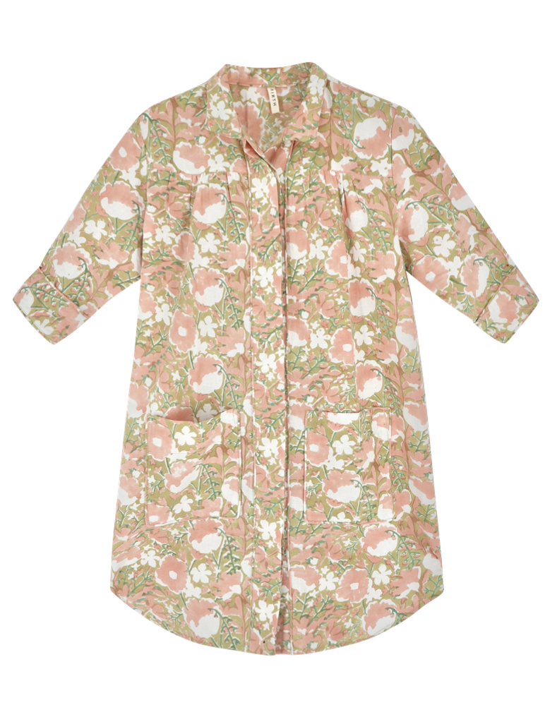 Girl wearing MIRTH women's short buttoned marfa shirt dress in snapdragon bloom pink floral print cotton